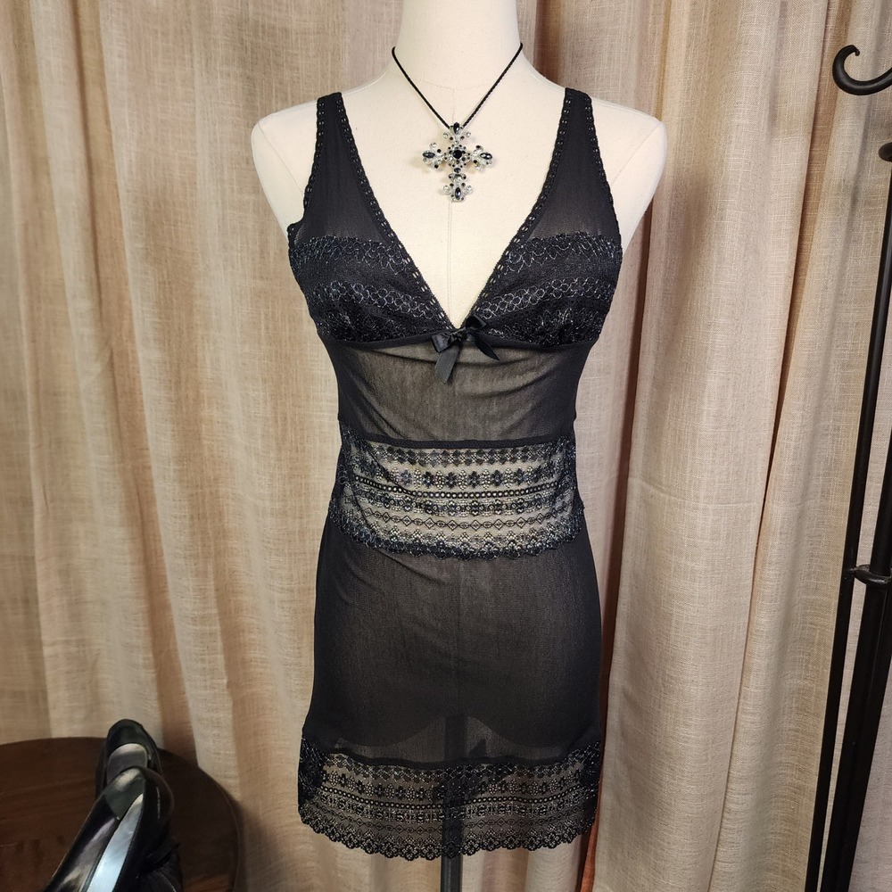 Victoria's Secret Sexy Little Things M Black Sheer Lace Slip Dress Y2K